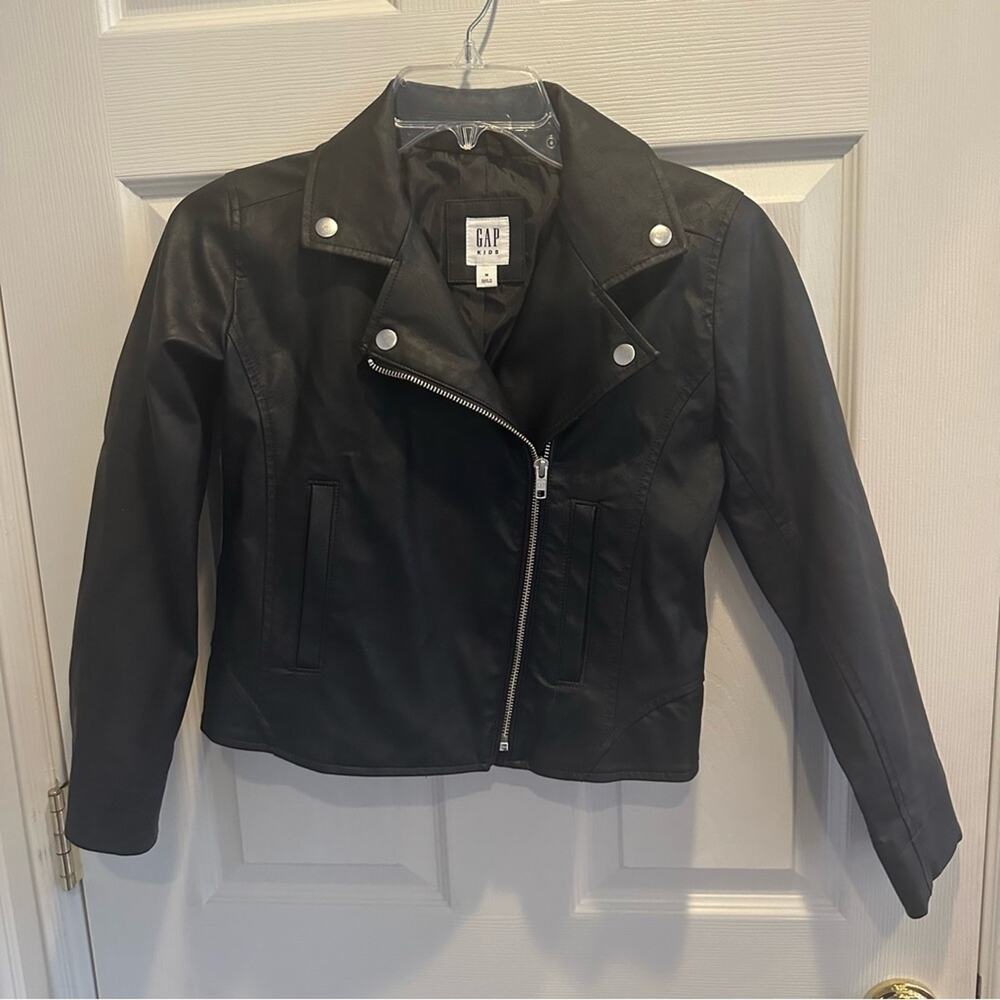 GAP Kids Moto Jacket Medium 8-9 Black Silver Zipper Vegan Faux Leather Casual